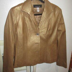 Jones New York Metallic Gold LEATHER jacket Short crop Fitted lined blazer m